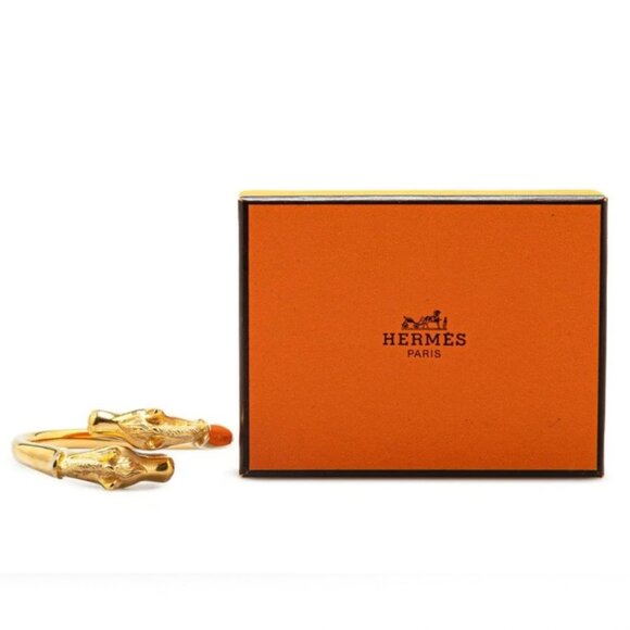 HERMES Double Cheval Horse Bangle Bracelet 7.5" Gold Tone Auth w/Box #3330 - Picture 1 of 5